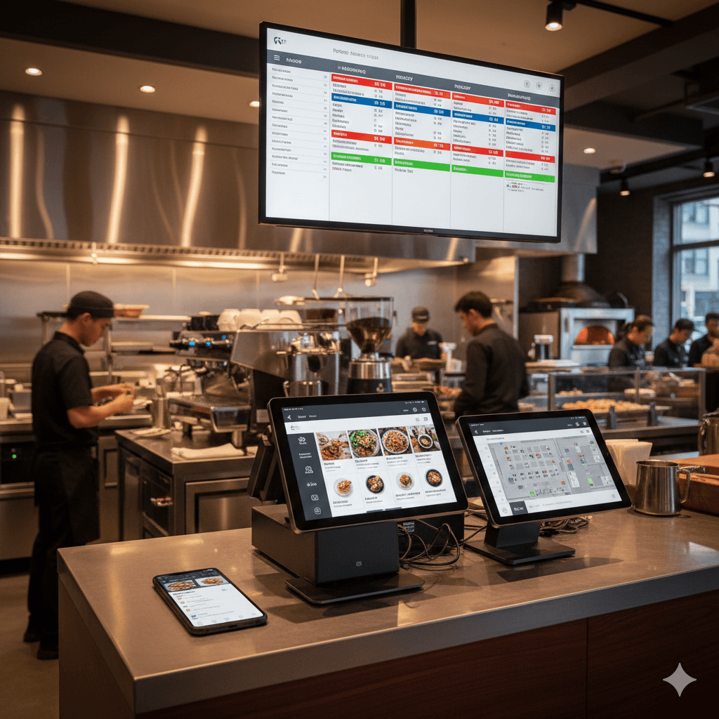 Tablet POS system on restaurant counter
